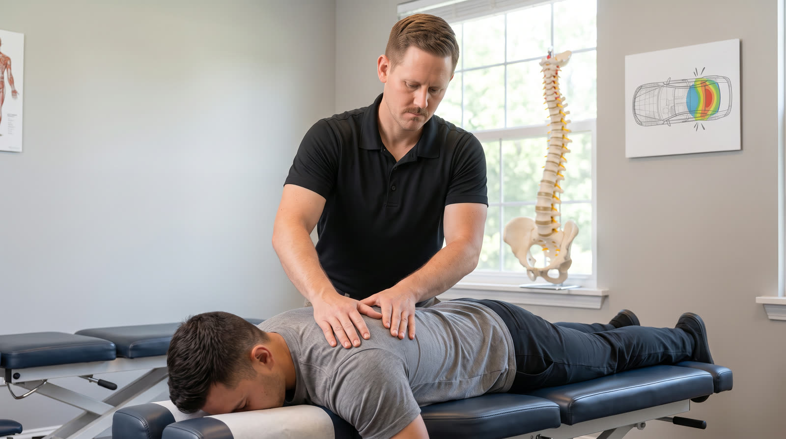 Person noticing uneven shoulder movement after a minor car accident