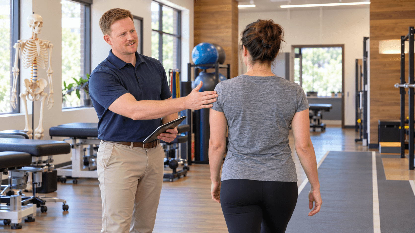 Clinician holding a tablet gestures toward a patient's shoulder as she walks away from him along a treatment-room walkway